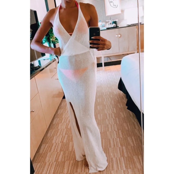 SOLD OUT White Sheer Knit Deep V Sexy Maxi Coverup Dress - Picture 9 of 11